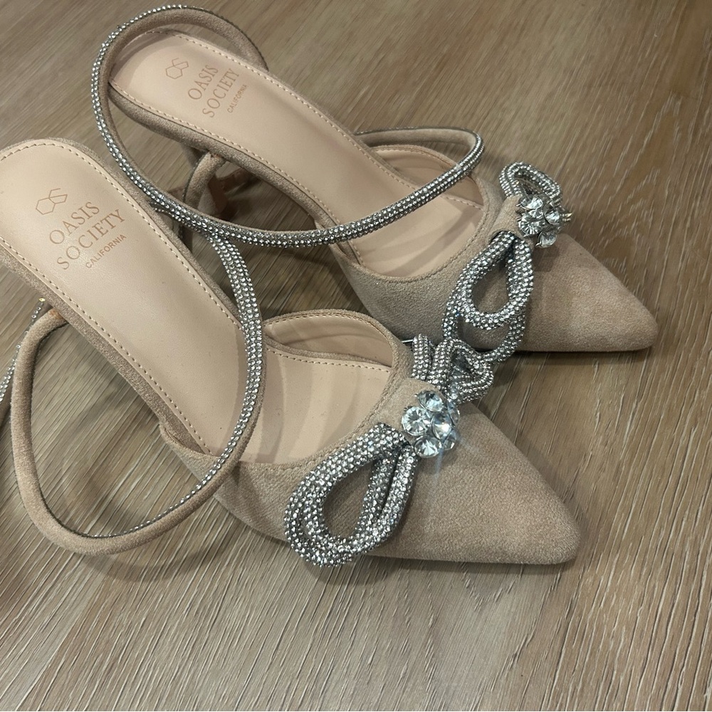 Society Nude Suede Pointed-Toe Mules with Crystal Bow